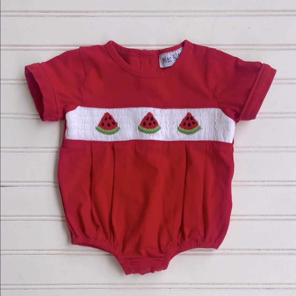 MAC & Me VGUC Boys Smocked Watermelon Fruit Peter Pan Collar Romper Bubble